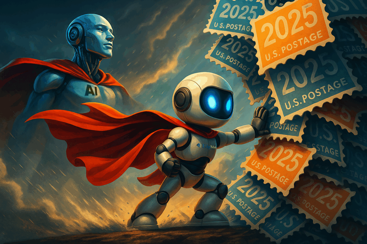 “Edgee the robot and an AI superhero fight back against 2025 postage rate hikes with U.S. postage stamps, symbolizing USPS Integrated Technology Promotion savings.”